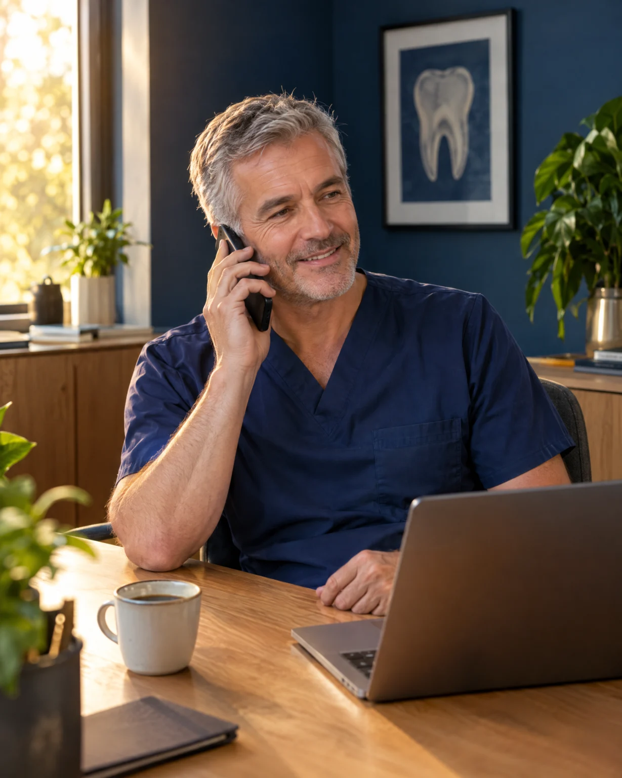 Chirurgien-dentiste au téléphone avec son chargé de compte